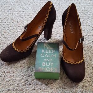 Gorgeous Rich Dark Brown W/orange Mary Jane Heels Size 7.5M Frano Sarto Suede